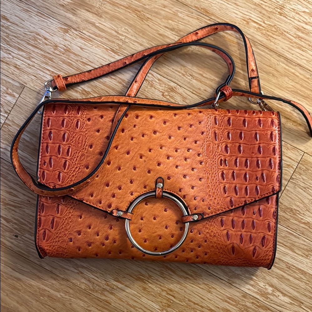 Orange Croc-Embossed Shoulder Bag
